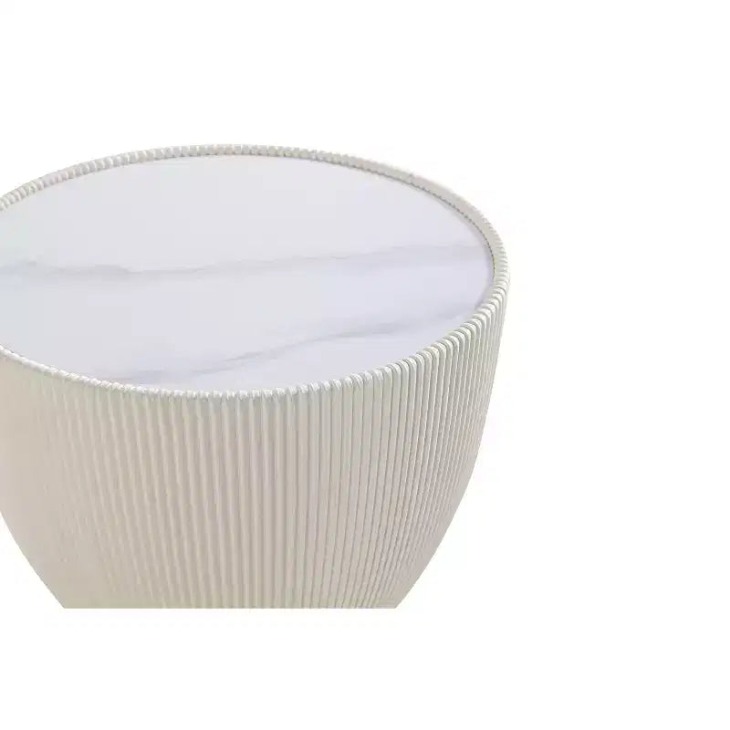 Round End Table, Leatherette Upholstered Base, Ceramic Faux Marble Top, 80 lb Capacity, No Assembly