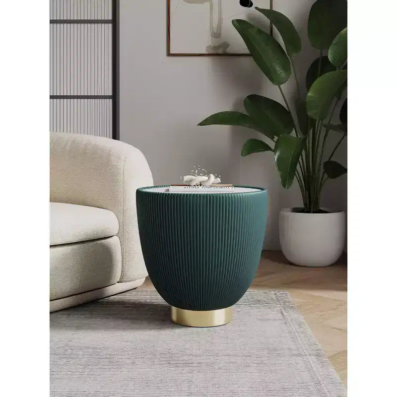 Round End Table, Leatherette Upholstered Base, Ceramic Faux Marble Top, 80 lb Capacity, No Assembly