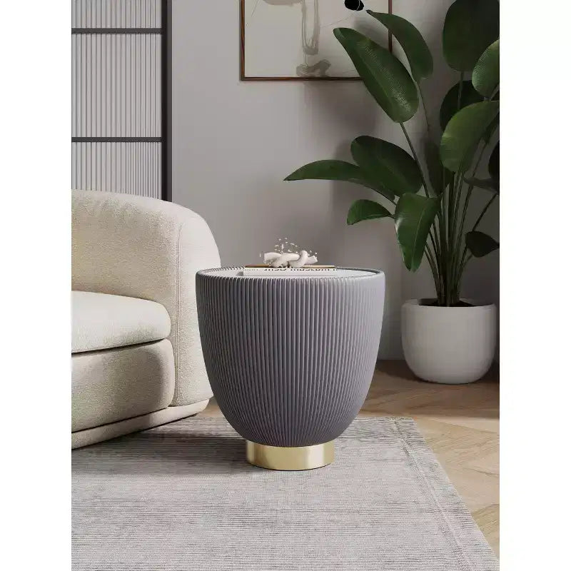Round End Table, Leatherette Upholstered Base, Ceramic Faux Marble Top, 80 lb Capacity, No Assembly