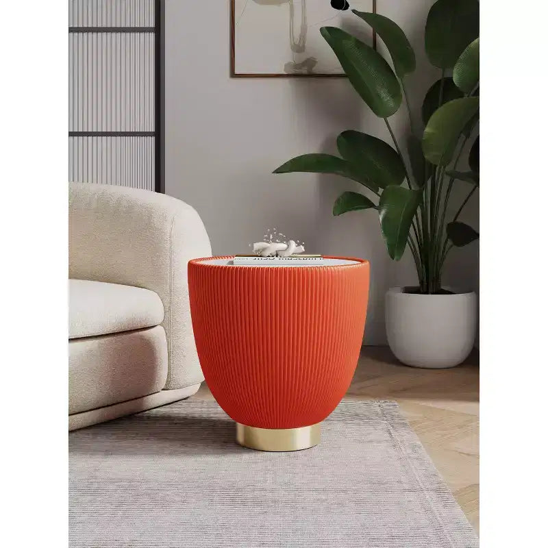 Round End Table, Leatherette Upholstered Base, Ceramic Faux Marble Top, 80 lb Capacity, No Assembly