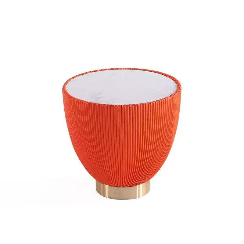 Round End Table, Leatherette Upholstered Base, Ceramic Faux Marble Top, 80 lb Capacity, No Assembly