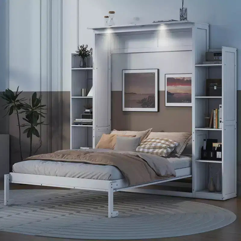 Full/Queen Murphy Wall Bed with Side Shelves & LED Lights, 600 lb Capacity, Plywood & MDF Frame