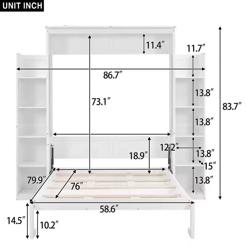 Full/Queen Murphy Wall Bed with Side Shelves & LED Lights, 600 lb Capacity, Plywood & MDF Frame