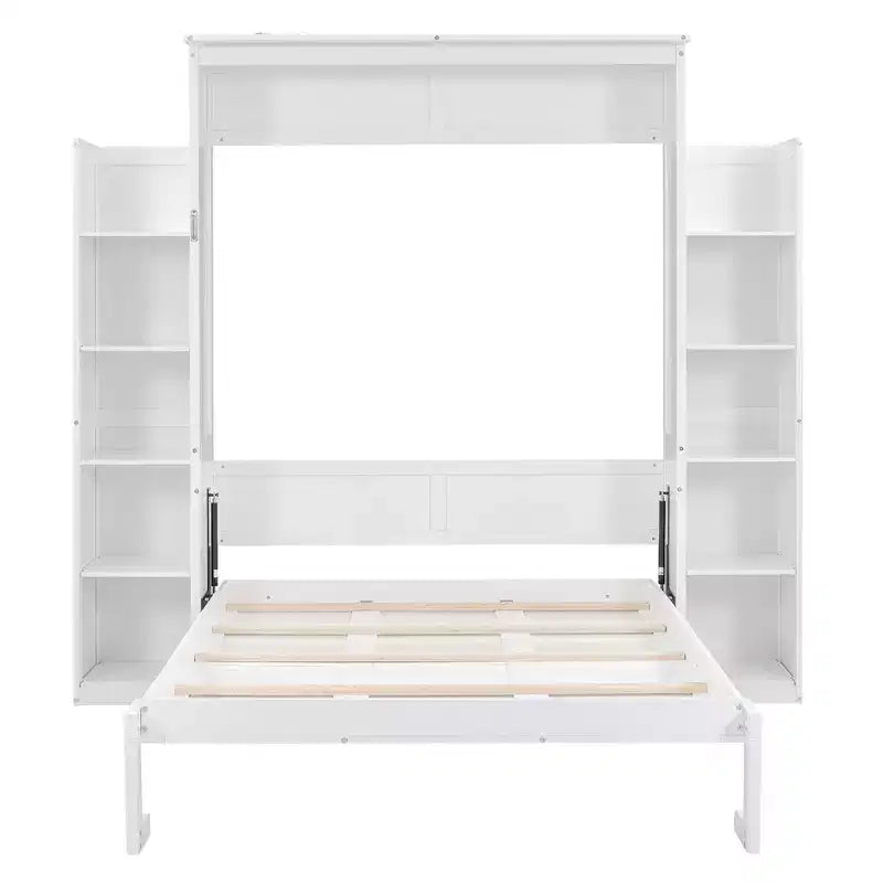 Full/Queen Murphy Wall Bed with Side Shelves & LED Lights, 600 lb Capacity, Plywood & MDF Frame