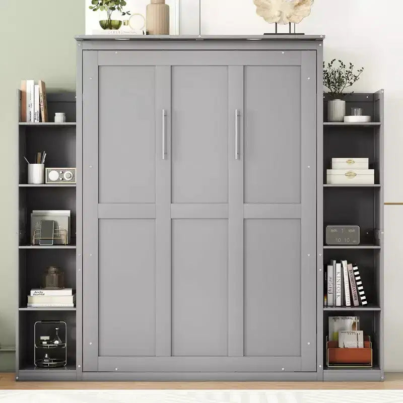 Full/Queen Murphy Wall Bed with Side Shelves & LED Lights, 600 lb Capacity, Plywood & MDF Frame