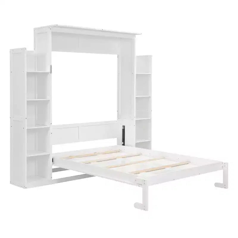 Full/Queen Murphy Wall Bed with Side Shelves & LED Lights, 600 lb Capacity, Plywood & MDF Frame