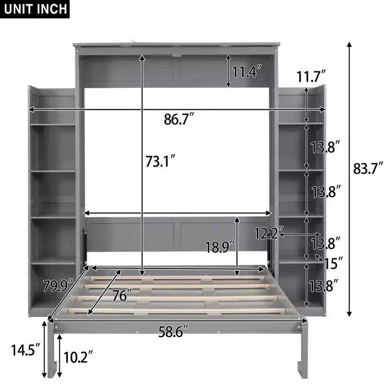 Full/Queen Murphy Wall Bed with Side Shelves & LED Lights, 600 lb Capacity, Plywood & MDF Frame