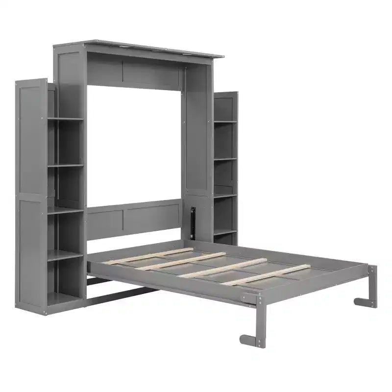 Full/Queen Murphy Wall Bed with Side Shelves & LED Lights, 600 lb Capacity, Plywood & MDF Frame
