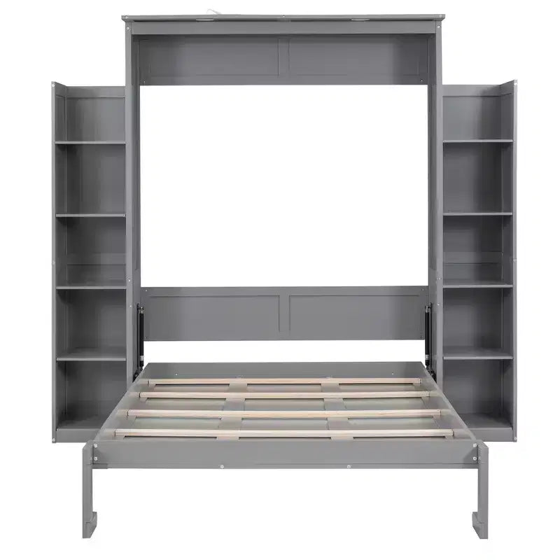 Full/Queen Murphy Wall Bed with Side Shelves & LED Lights, 600 lb Capacity, Plywood & MDF Frame