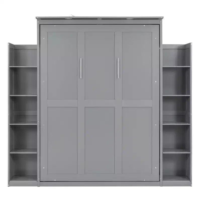 Full/Queen Murphy Wall Bed with Side Shelves & LED Lights, 600 lb Capacity, Plywood & MDF Frame