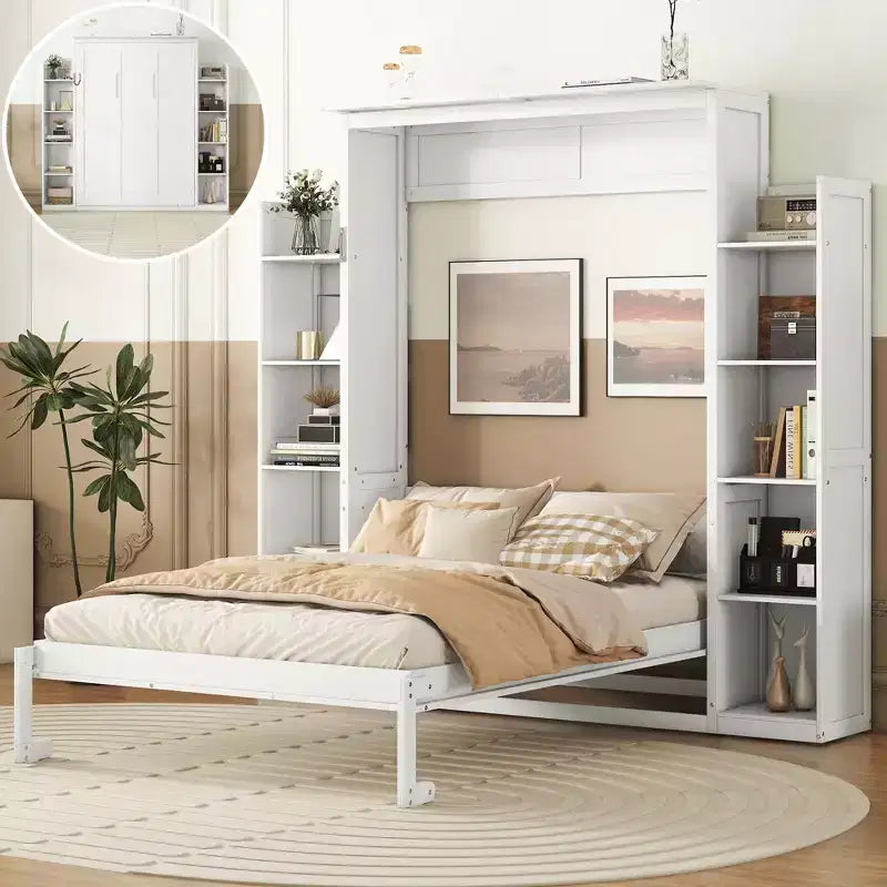 Full/Queen Murphy Wall Bed with Side Shelves & LED Lights, 600 lb Capacity, Plywood & MDF Frame