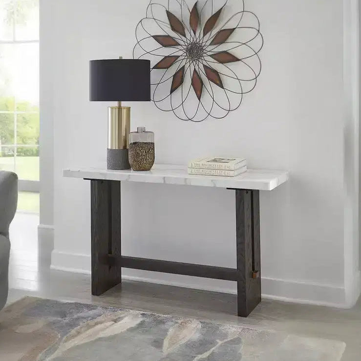 Signature Design by Ashley Burkhaus Sofa Table, Natural Marble Top, Dark Brown Oak Console for Living Room