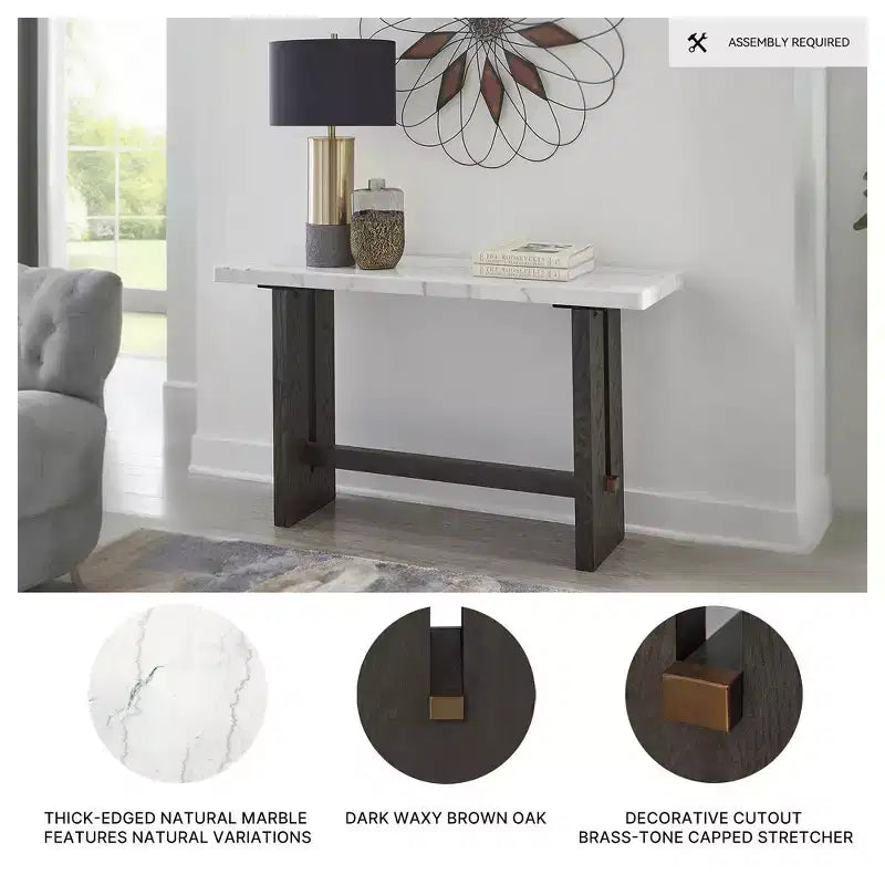 52" Console Sofa Table, Natural Marble Top, Dark Brown Oak Base, Brass Accents, Hardwood Frame