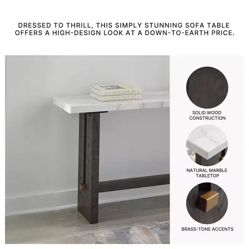 52" Console Sofa Table, Natural Marble Top, Dark Brown Oak Base, Brass Accents, Hardwood Frame