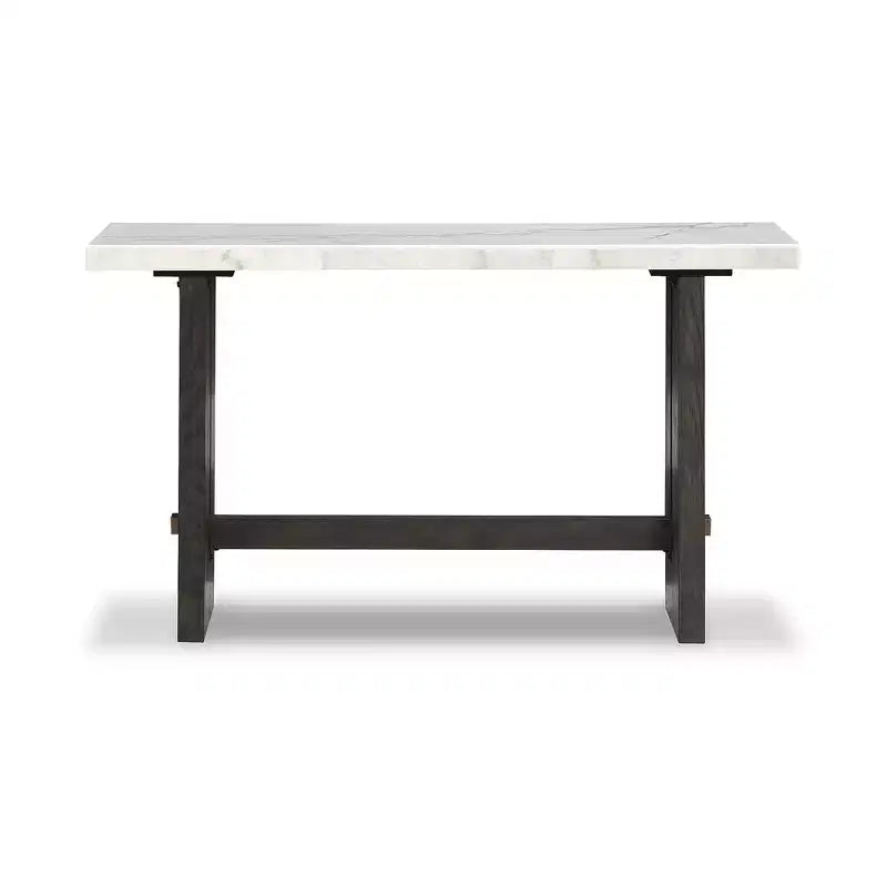 52" Console Sofa Table, Natural Marble Top, Dark Brown Oak Base, Brass Accents, Hardwood Frame