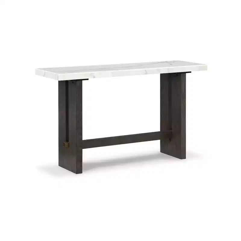 52" Console Sofa Table, Natural Marble Top, Dark Brown Oak Base, Brass Accents, Hardwood Frame