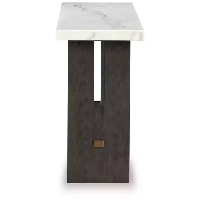 52" Console Sofa Table, Natural Marble Top, Dark Brown Oak Base, Brass Accents, Hardwood Frame