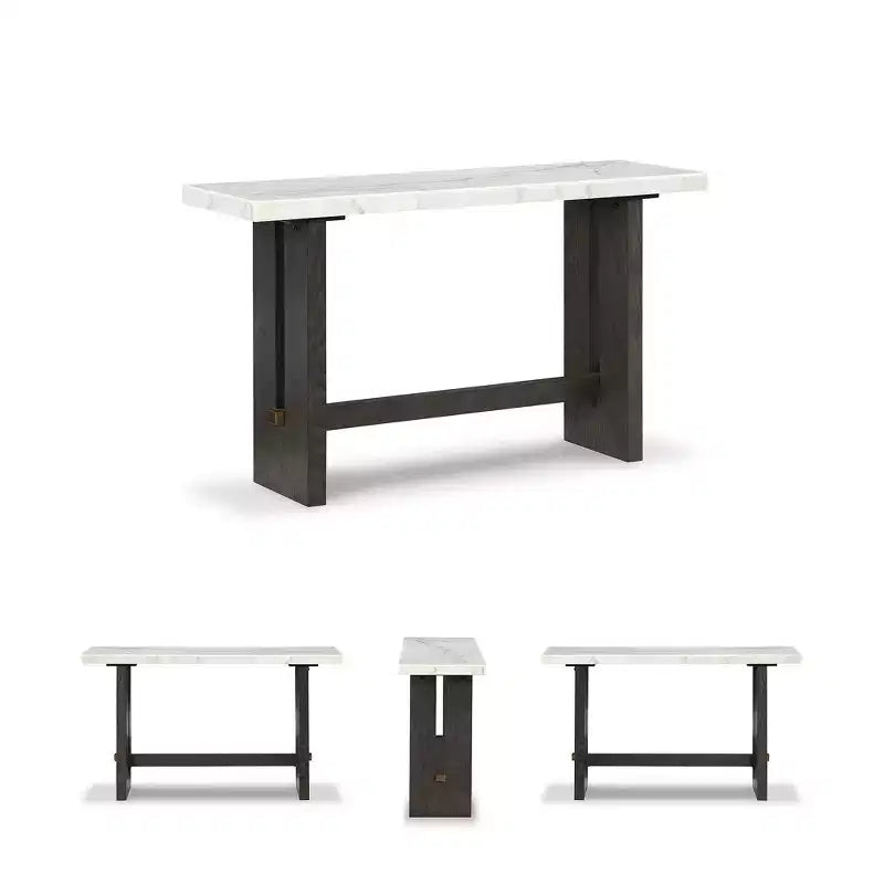 52" Console Sofa Table, Natural Marble Top, Dark Brown Oak Base, Brass Accents, Hardwood Frame