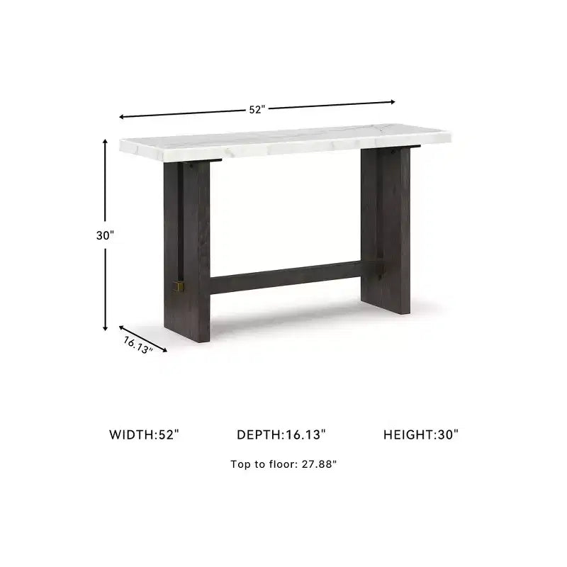52" Console Sofa Table, Natural Marble Top, Dark Brown Oak Base, Brass Accents, Hardwood Frame