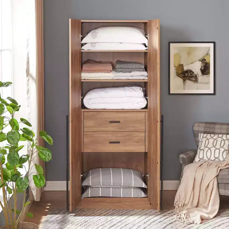 Wardrobe Closet with 2 Doors & 2 Drawers, 4 Adjustable Shelves, MDF, Anti-Tip Hardware, 84" Tall