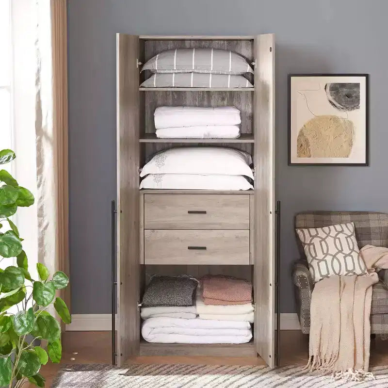 Wardrobe Closet with 2 Doors & 2 Drawers, 4 Adjustable Shelves, MDF, Anti-Tip Hardware, 84" Tall
