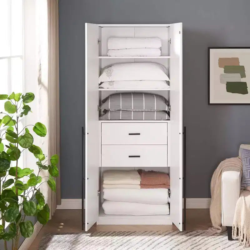 Wardrobe Closet with 2 Doors & 2 Drawers, 4 Adjustable Shelves, MDF, Anti-Tip Hardware, 84" Tall