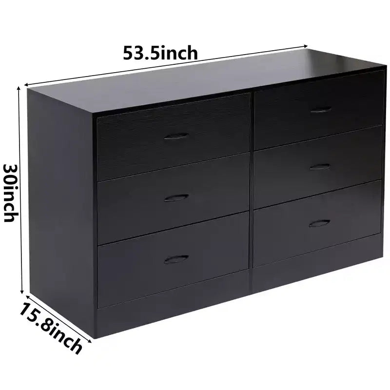Wide 6 Drawer Dresser for Bedroom 53.5 Inch Modern Chest of Drawers MDF Wood Black Finish