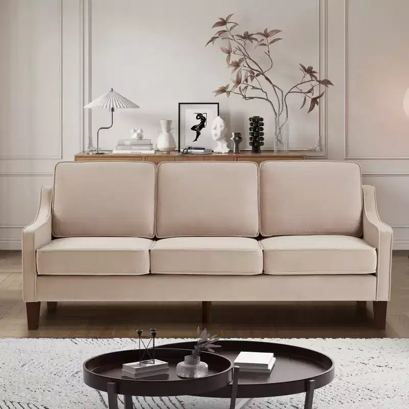 Velvet Upholstered Sofa with Scooped Armrests & Wood Legs, Single/Loveseat/3-Seat Options