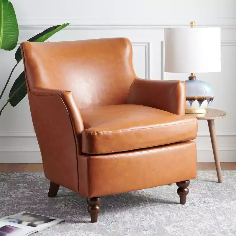 Cognac Upholstered Accent Chair, Wood Frame, Foam Cushion, 275 lb Capacity