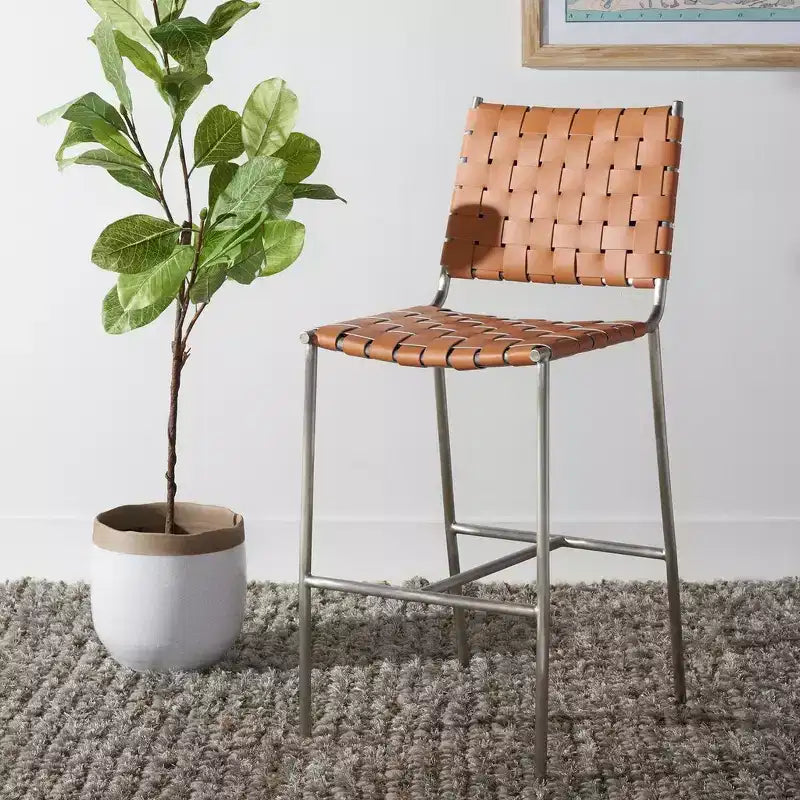 Woven Leather Counter Stool, Metal Frame, Fixed Height 26", Armless with Footrest