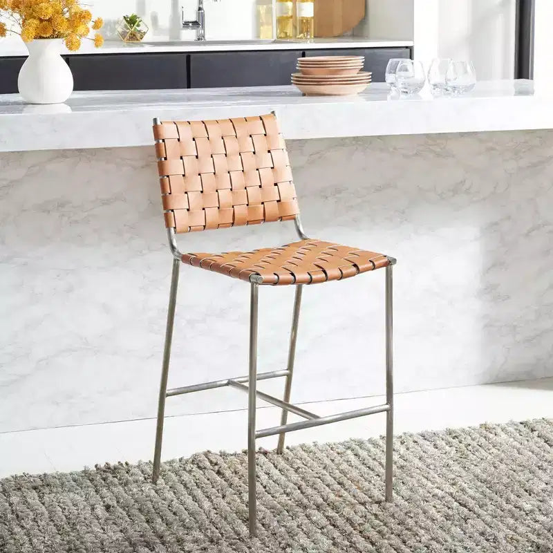 Woven Leather Counter Stool, Metal Frame, Fixed Height 26", Armless with Footrest