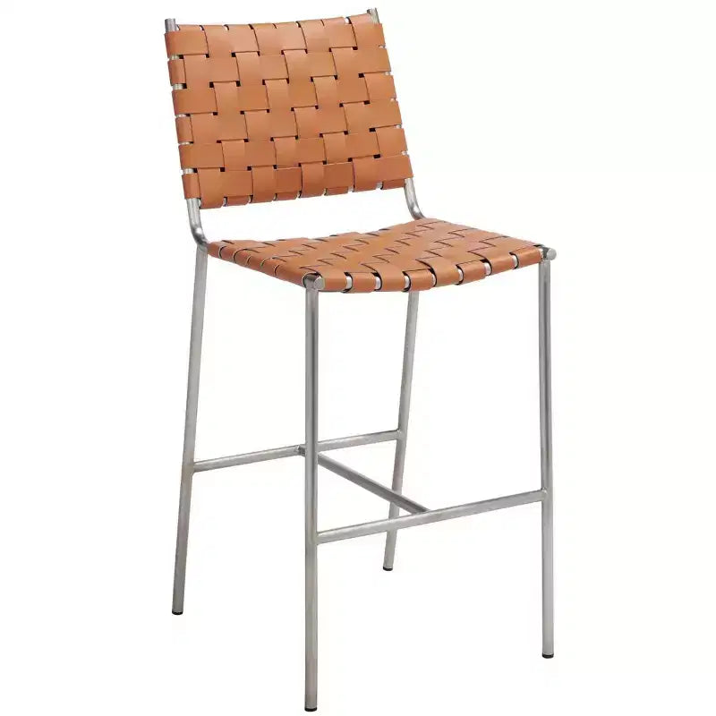 Woven Leather Counter Stool, Metal Frame, Fixed Height 26", Armless with Footrest