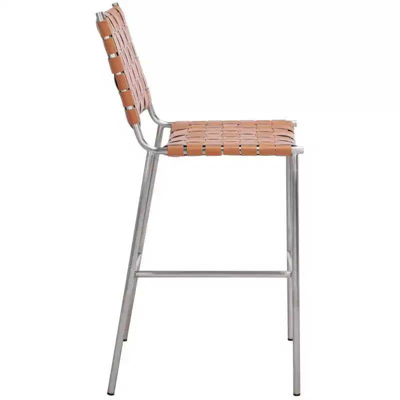 Woven Leather Counter Stool, Metal Frame, Fixed Height 26", Armless with Footrest