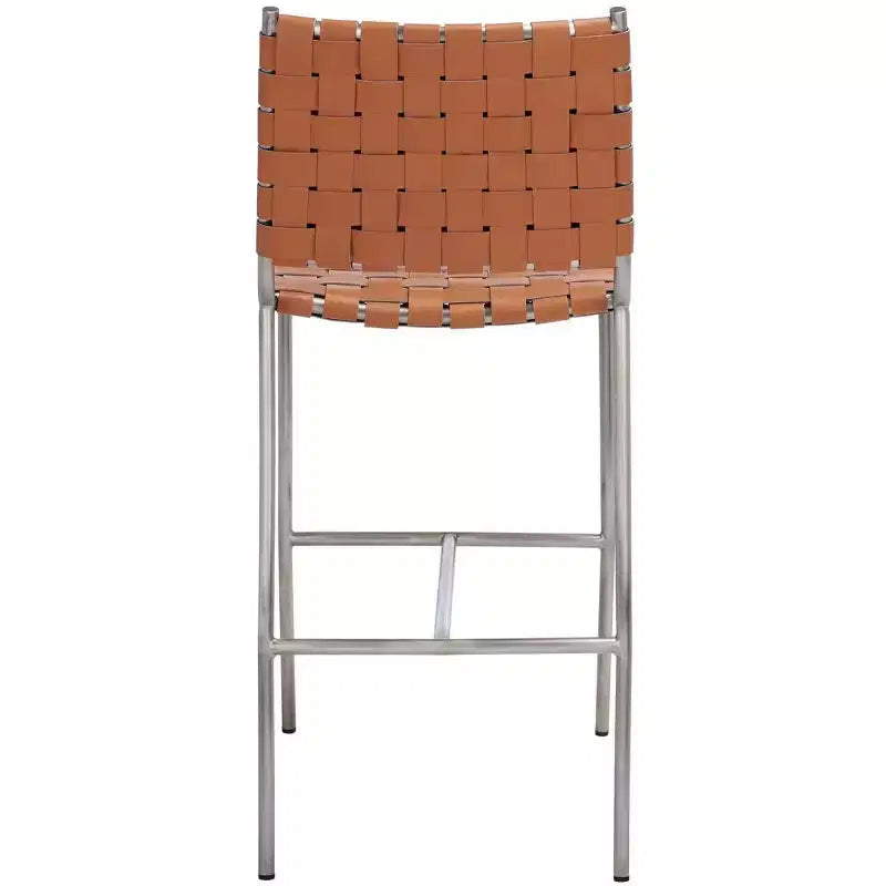 Woven Leather Counter Stool, Metal Frame, Fixed Height 26", Armless with Footrest