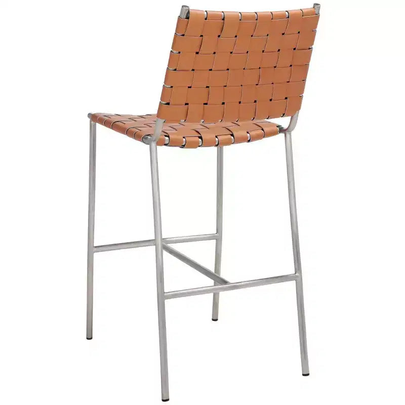 Woven Leather Counter Stool, Metal Frame, Fixed Height 26", Armless with Footrest