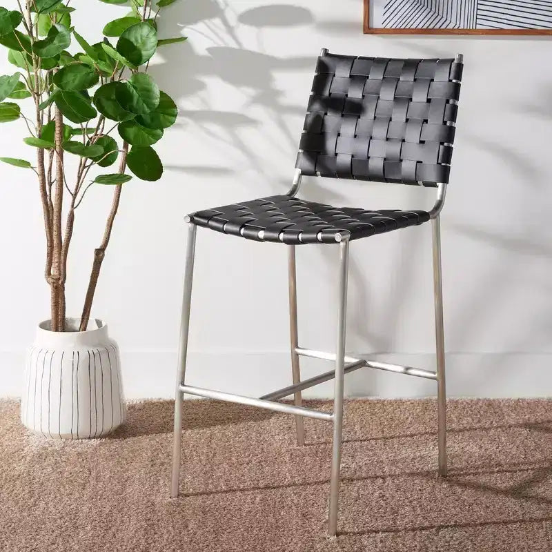 Woven Leather Counter Stool, Metal Frame, Fixed Height 26", Armless with Footrest