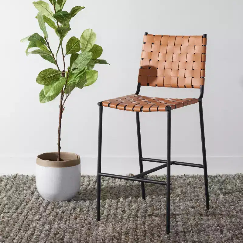Woven Leather Counter Stool, Metal Frame, Fixed Height 26", Armless with Footrest