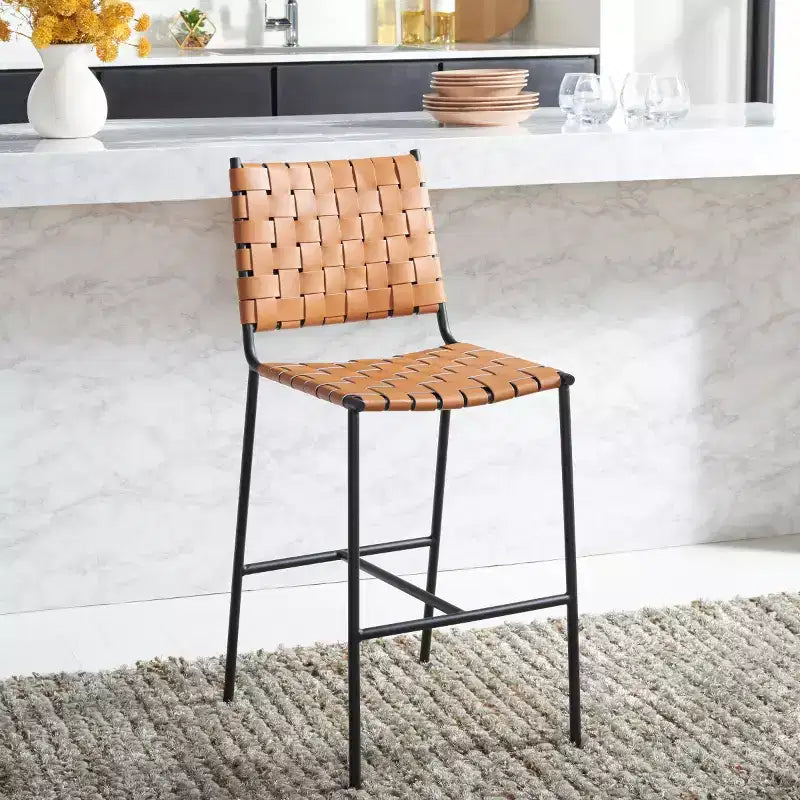 Woven Leather Counter Stool, Metal Frame, Fixed Height 26", Armless with Footrest