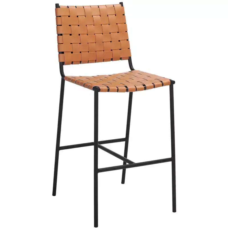Woven Leather Counter Stool, Metal Frame, Fixed Height 26", Armless with Footrest