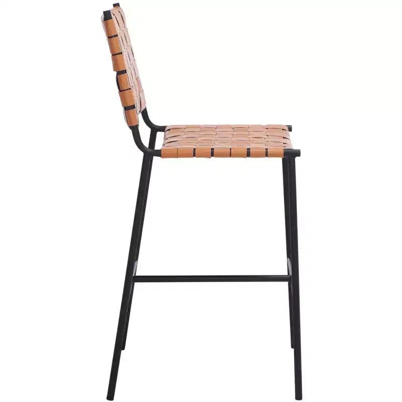 Woven Leather Counter Stool, Metal Frame, Fixed Height 26", Armless with Footrest