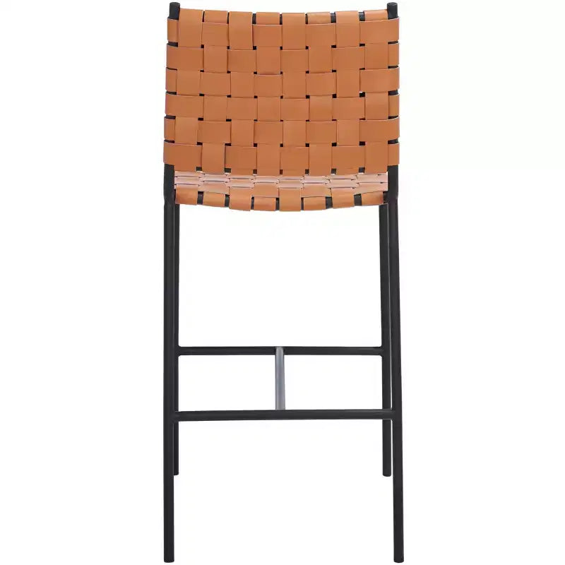 Woven Leather Counter Stool, Metal Frame, Fixed Height 26", Armless with Footrest