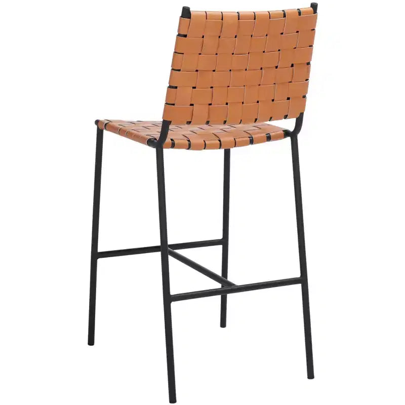 Woven Leather Counter Stool, Metal Frame, Fixed Height 26", Armless with Footrest