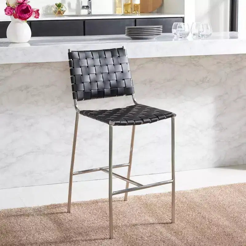 Woven Leather Counter Stool, Metal Frame, Fixed Height 26", Armless with Footrest