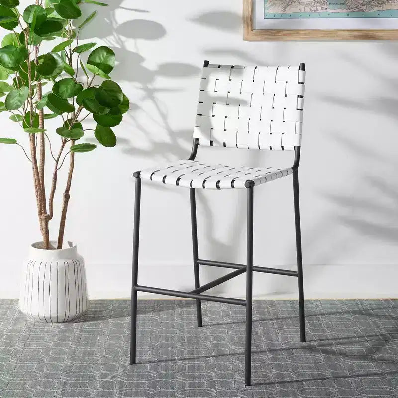 Woven Leather Counter Stool, Metal Frame, Fixed Height 26", Armless with Footrest