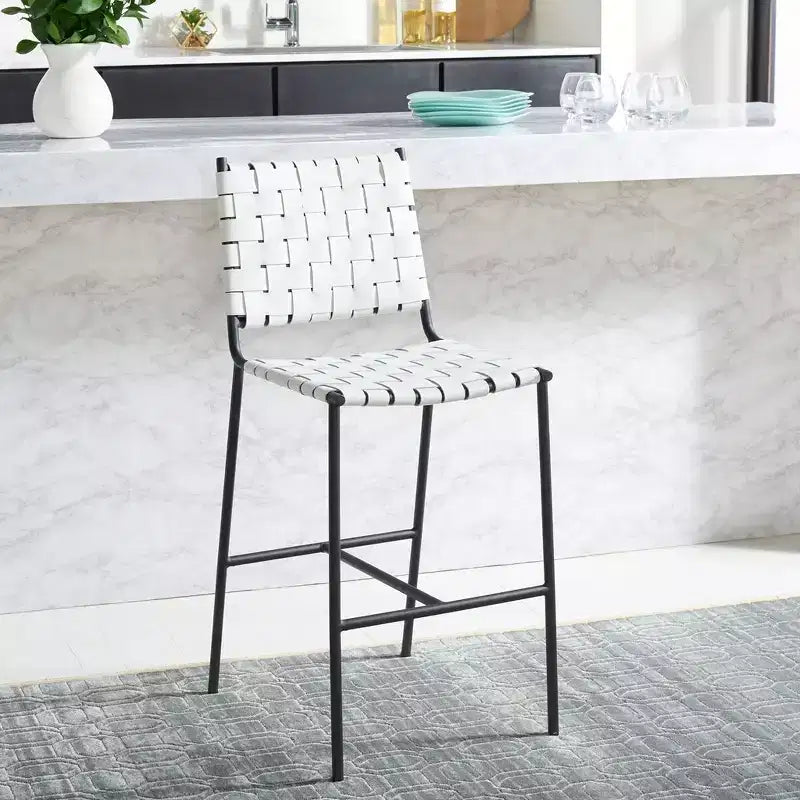 Woven Leather Counter Stool, Metal Frame, Fixed Height 26", Armless with Footrest