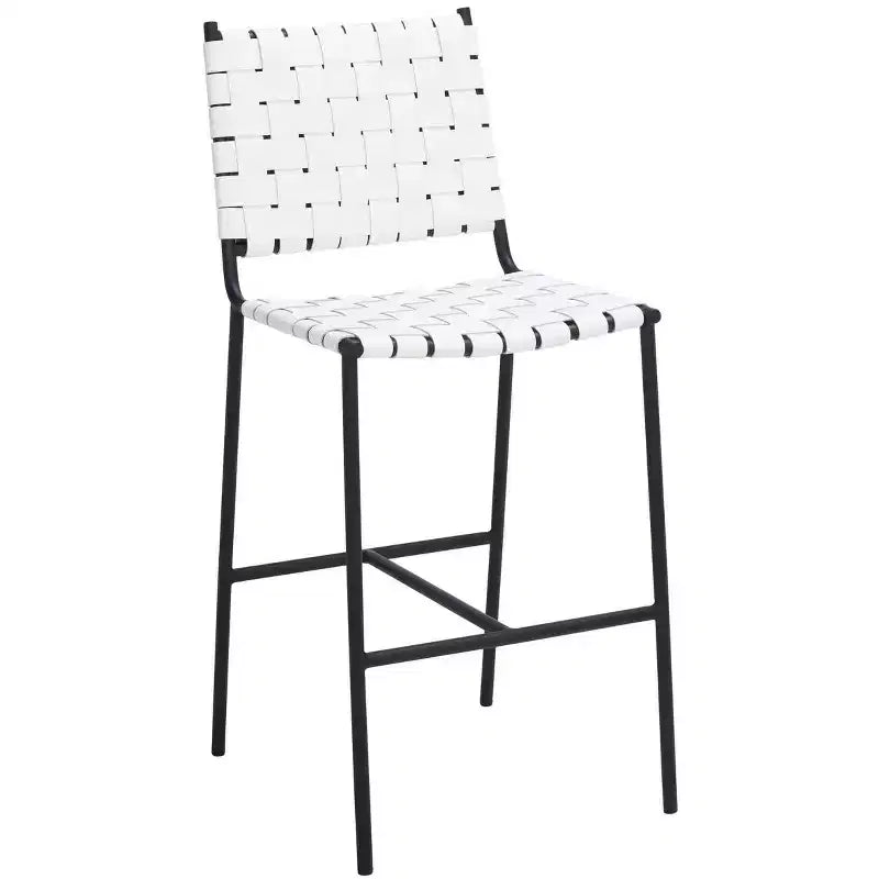 Woven Leather Counter Stool, Metal Frame, Fixed Height 26", Armless with Footrest