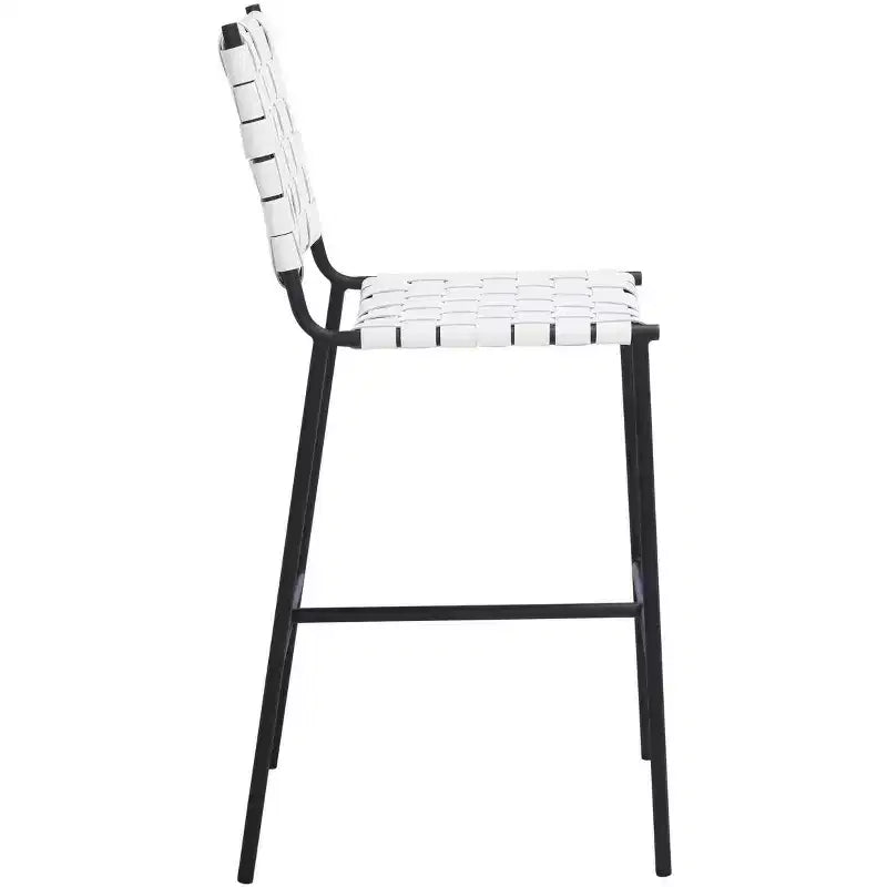 Woven Leather Counter Stool, Metal Frame, Fixed Height 26", Armless with Footrest