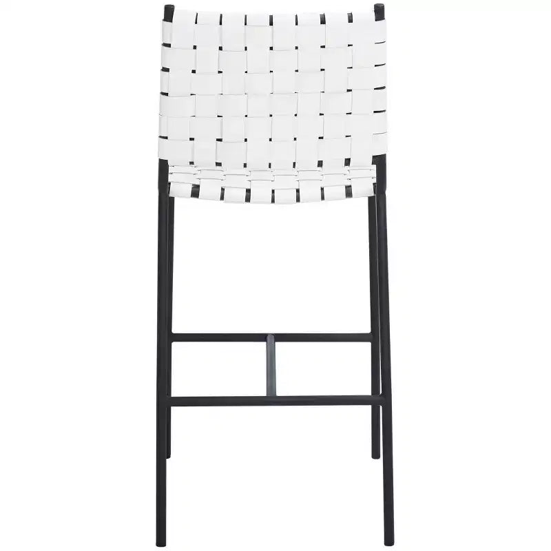 Woven Leather Counter Stool, Metal Frame, Fixed Height 26", Armless with Footrest