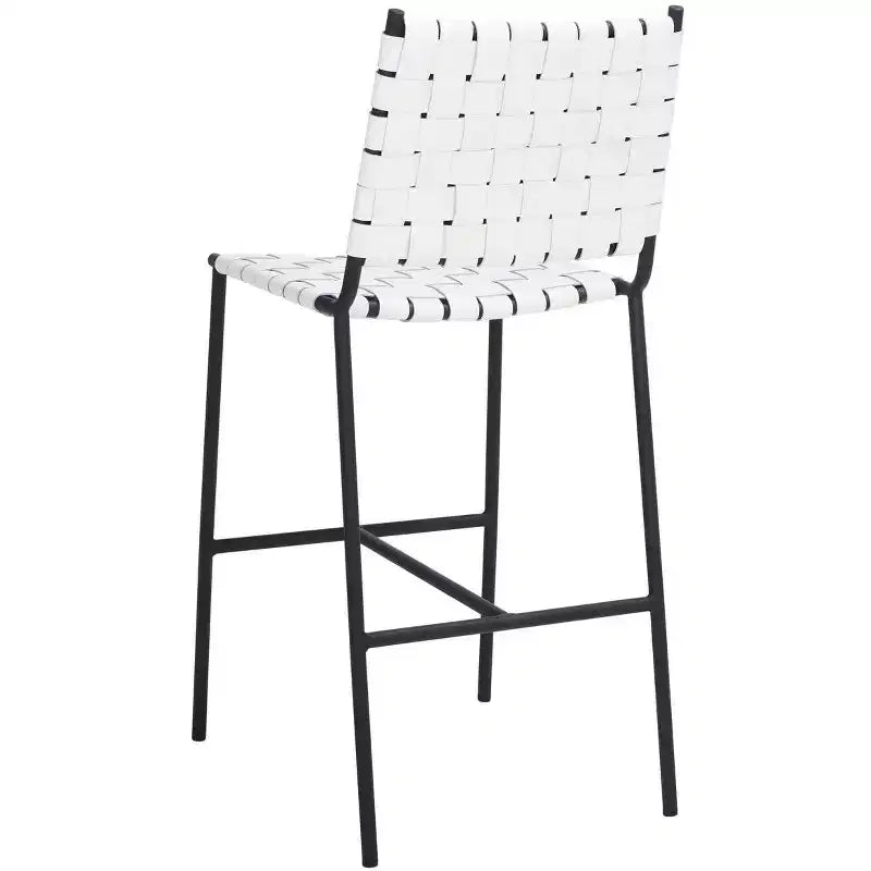 Woven Leather Counter Stool, Metal Frame, Fixed Height 26", Armless with Footrest