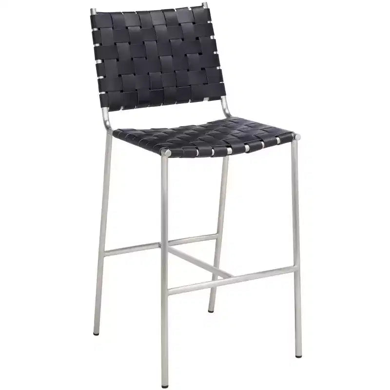 Woven Leather Counter Stool, Metal Frame, Fixed Height 26", Armless with Footrest
